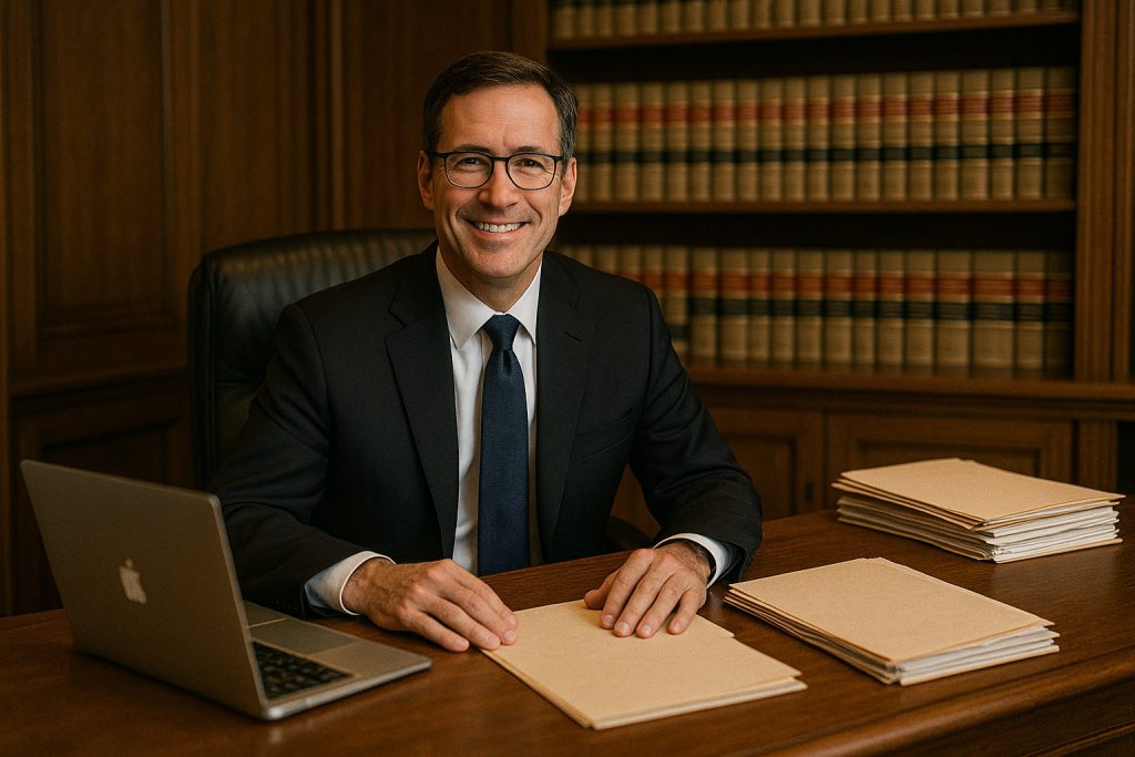 A lawyer sitting at a desk with legal books, documents, and a newspaper, embodying professionalism.